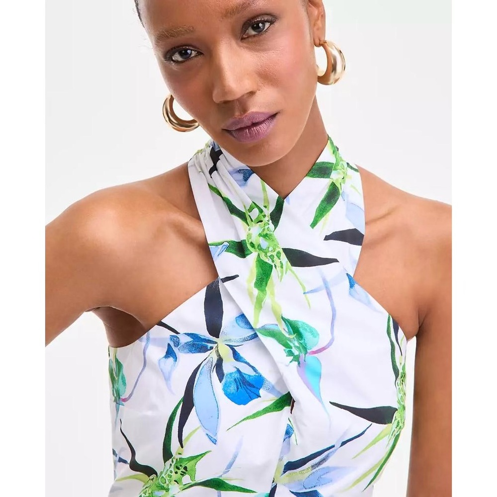 NWT INC International Concepts Floral Print Halterneck Top White & Blue Size 14 - Picture 4 of 6
